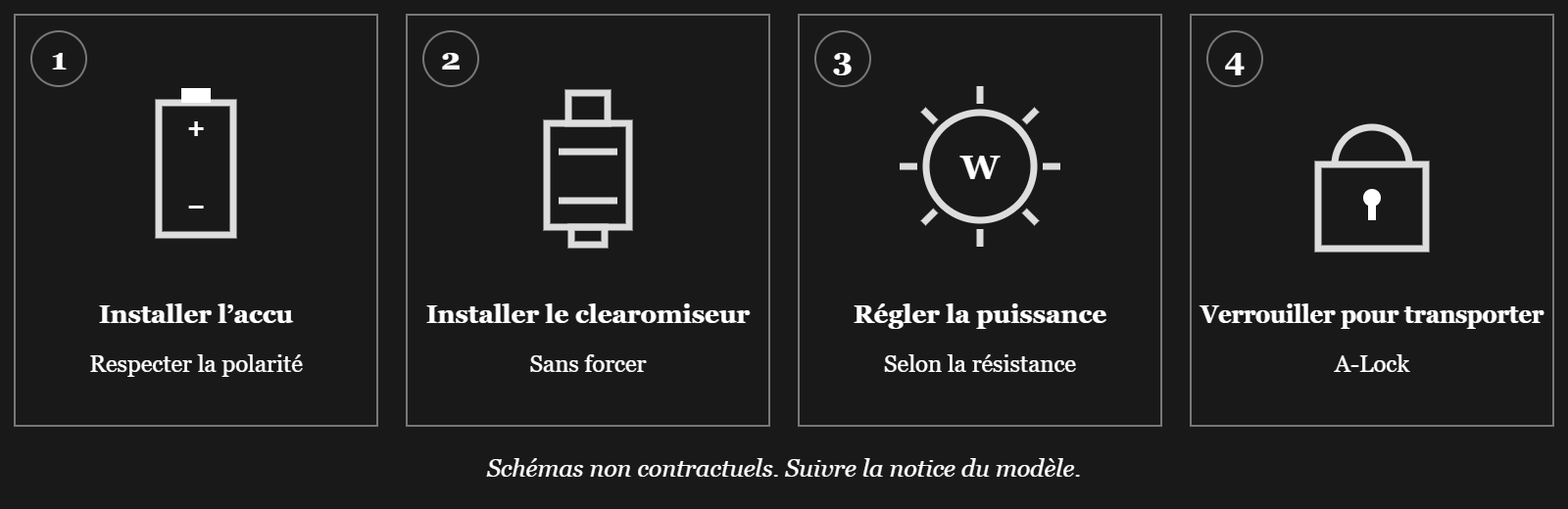 Guide box : installer l’accu, installer le clearomiseur, régler la puissance et verrouiller pour transporter
